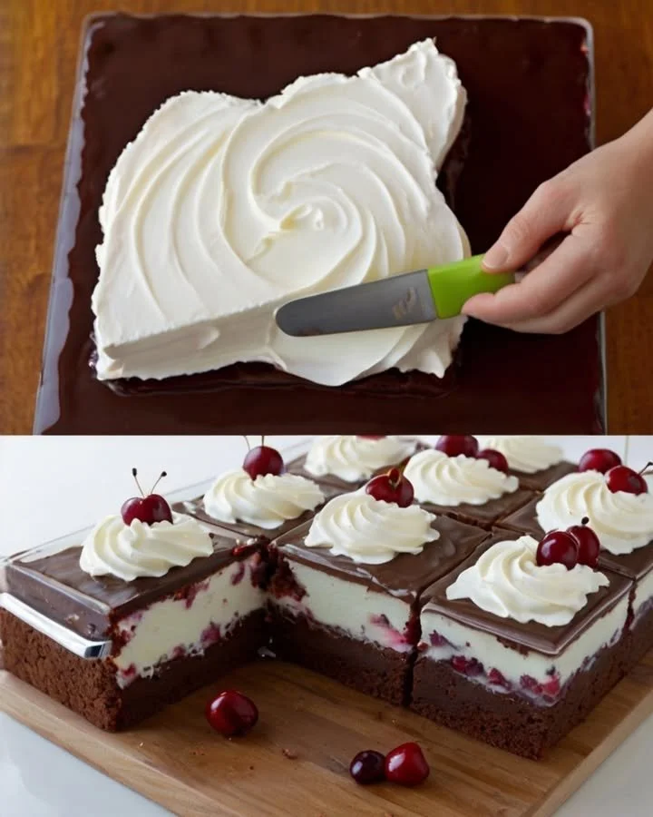 Black Forest Cake vom Blech, ein köstlicher Schokoladenkuchen mit Kirschen und Sahne