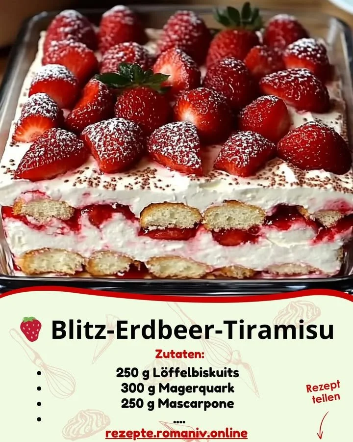Blitz-Erdbeer-Tiramisu mit saftigen Erdbeeren und cremiger Mascarpone-Schicht