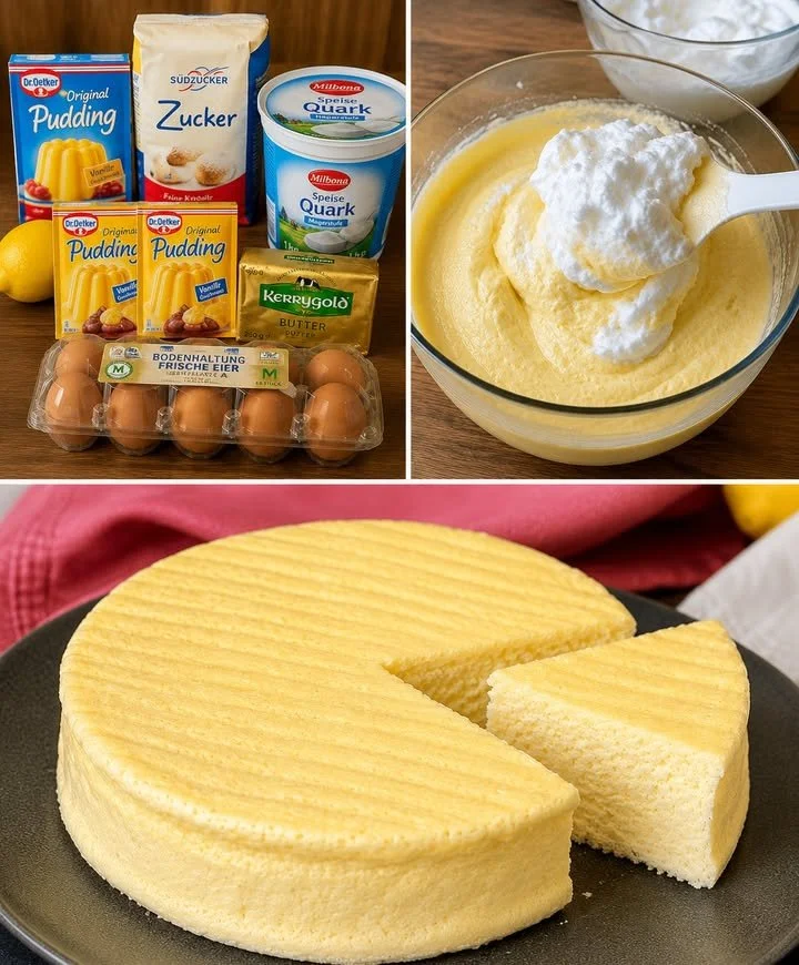 Blitzschnelle Quarktorte mit Vanillepudding auf einem Teller angerichtet