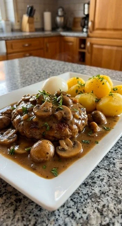 Bouletten mit Champignon-Waldpilzsoße und Kartoffeln auf einem Teller serviert.