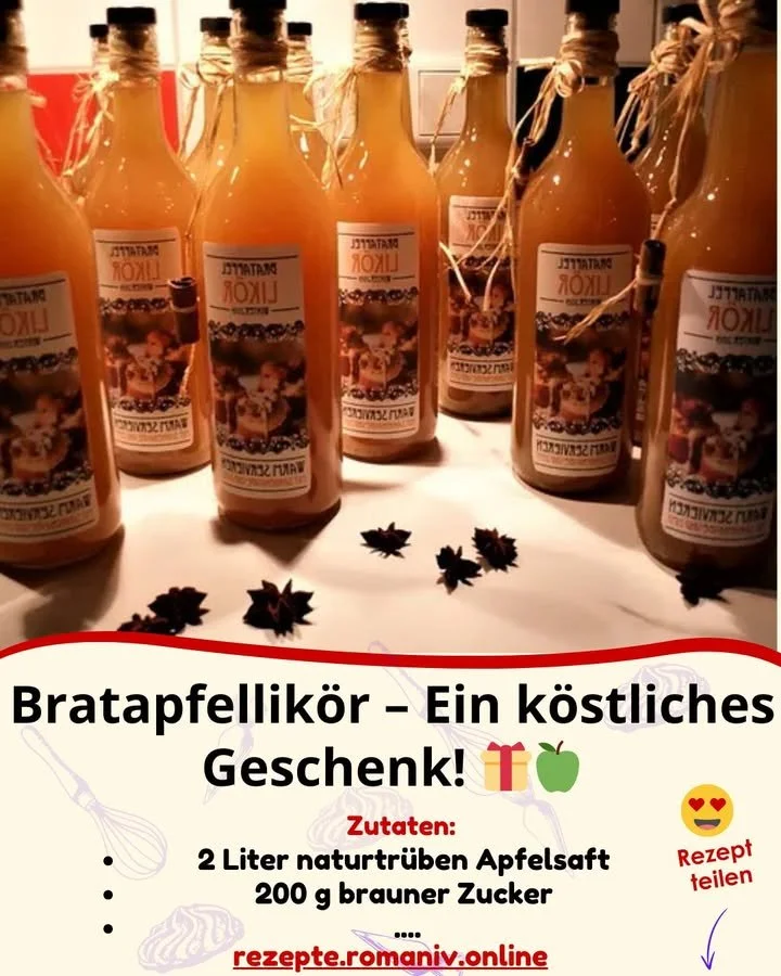 Flasche Bratapfellikör mit Zimt und Äpfeln auf einem Holztablett