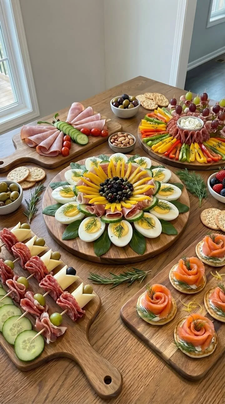 Vielfältige Brunchplatte mit frischen Zutaten und leckeren Speisen