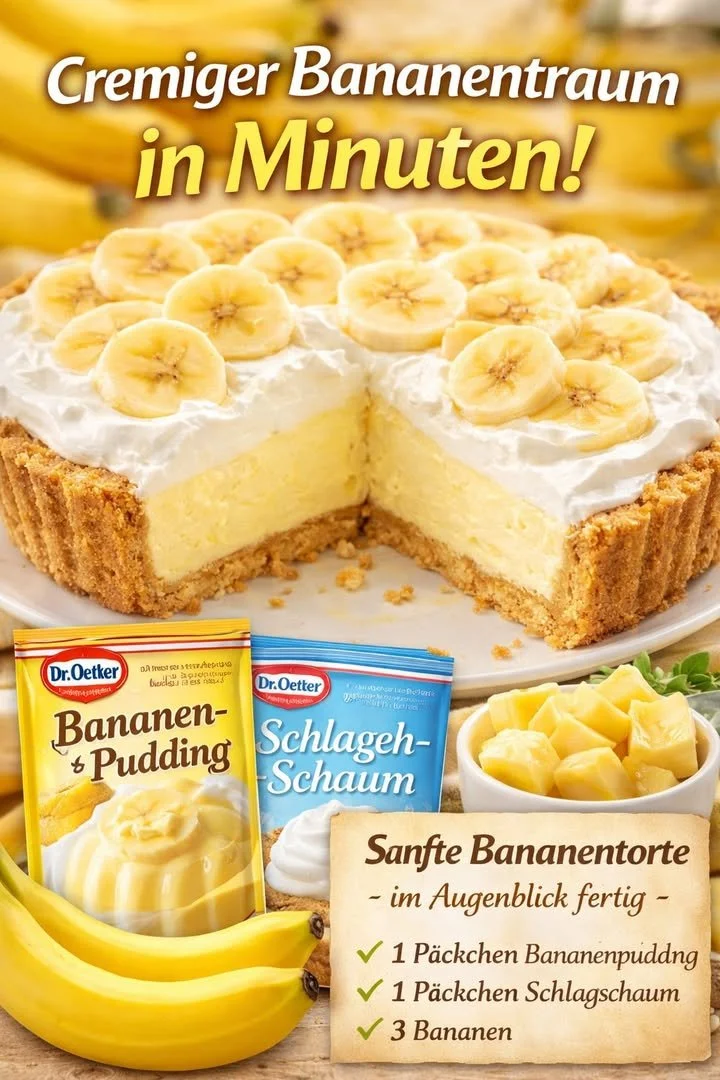 Leckere cremige Bananentorte mit frischen Bananen und Sahne