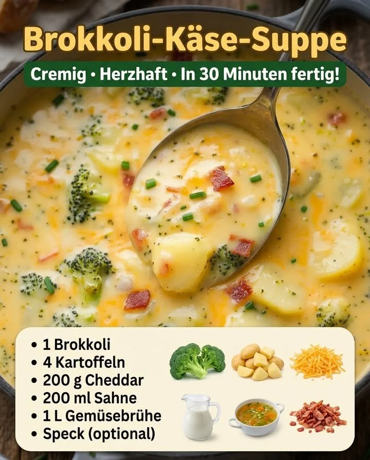 Cremige Brokkoli-Käse-Suppe mit frischem Gemüse und Käse
