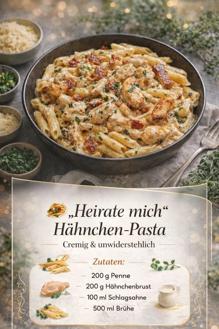 Cremige Hähnchen-Pasta in einer Schale mit frischen Kräutern garniert