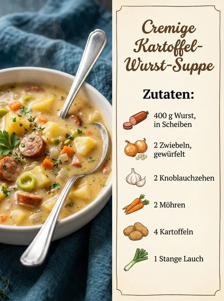 Cremige Kartoffel-Wurst-Suppe in einer Schüssel mit frischen Kräutern