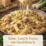 Schüssel mit cremiger Käsiger Pasta, garniert mit frischen Kräutern und Käse