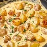 Cremige Knoblauch-Kartoffeln im weißen Keramikgeschirr serviert