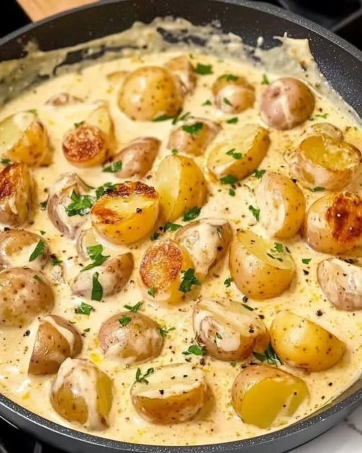 Cremige Knoblauch-Kartoffeln im weißen Keramikgeschirr serviert