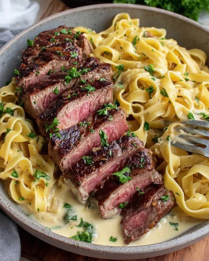 Cremige Knoblauch-Parmesan-Tagliatelle mit Steak auf einem Teller