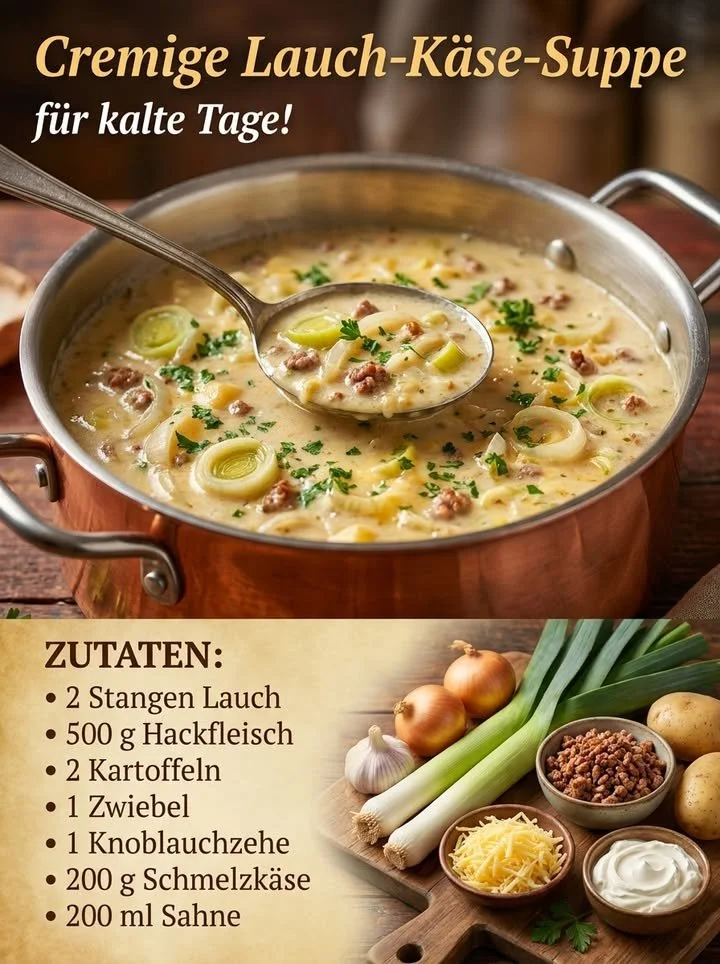 Cremige Lauch-Käse-Suppe in einer Schüssel, garniert mit Kräutern.