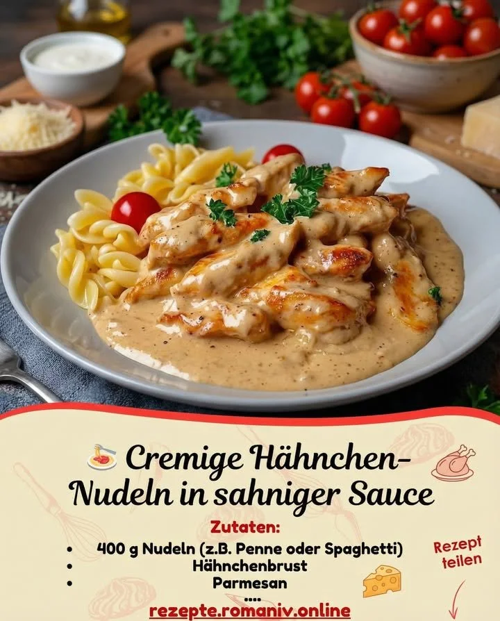 Cremige Nudeln mit Hühnchen und Parmesan auf einem Teller serviert