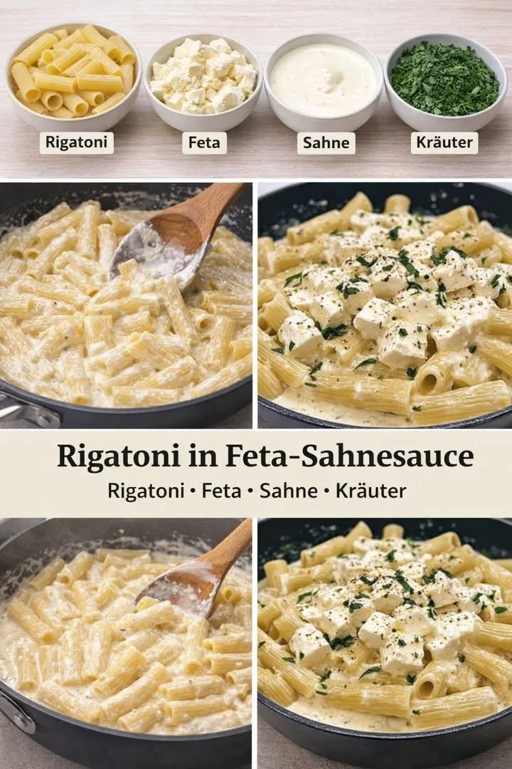 Cremige Pasta mit frischen Kräutern und Feta auf einem Teller angerichtet.