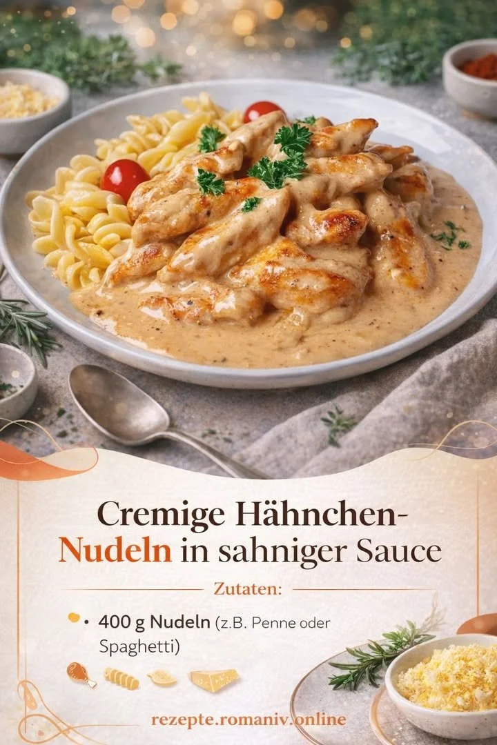 Cremige Pasta mit zartem Hähnchen in einer Schüssel serviert