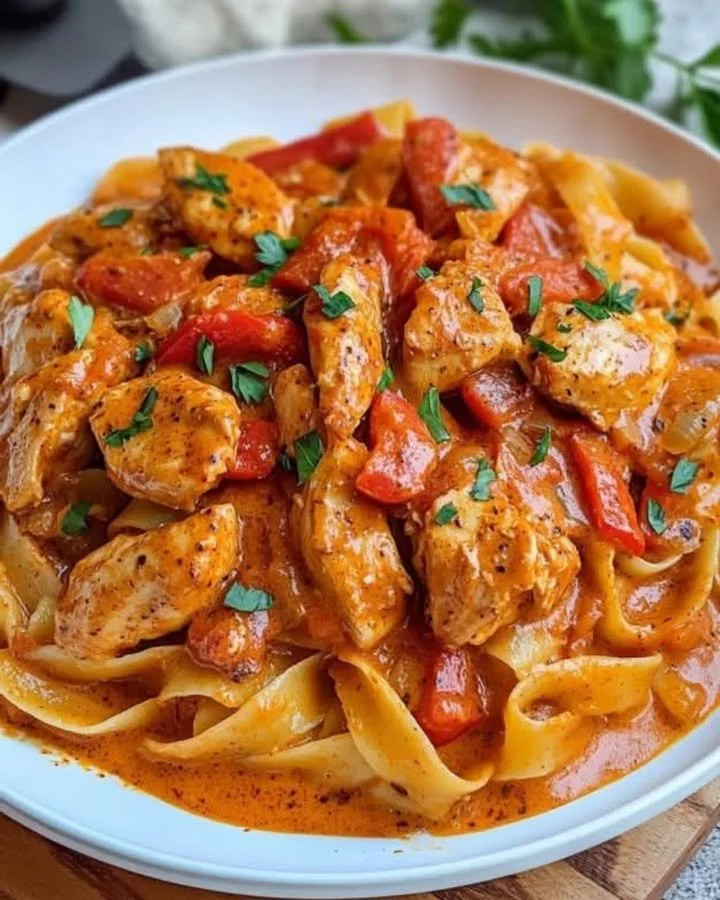 Cremiges Paprika-Sahne-Hähnchen serviert mit Bandnudeln auf einem Teller
