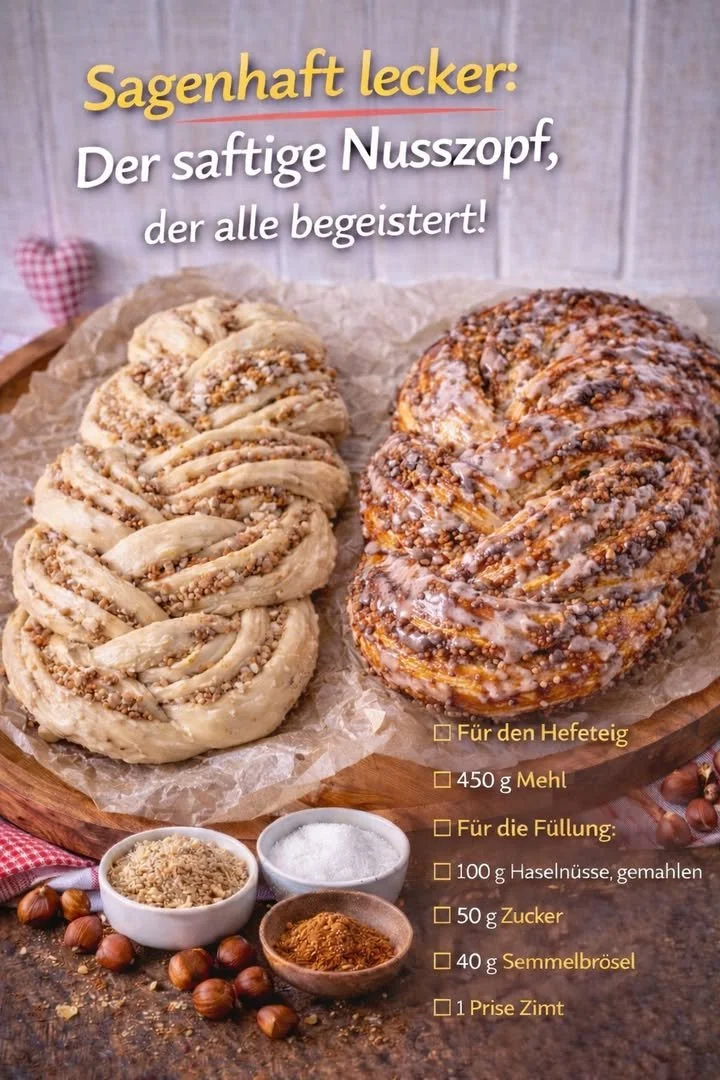 Saftiger Nusszopf auf einem Holzbrett serviert, dekoriert mit Nüssen.
