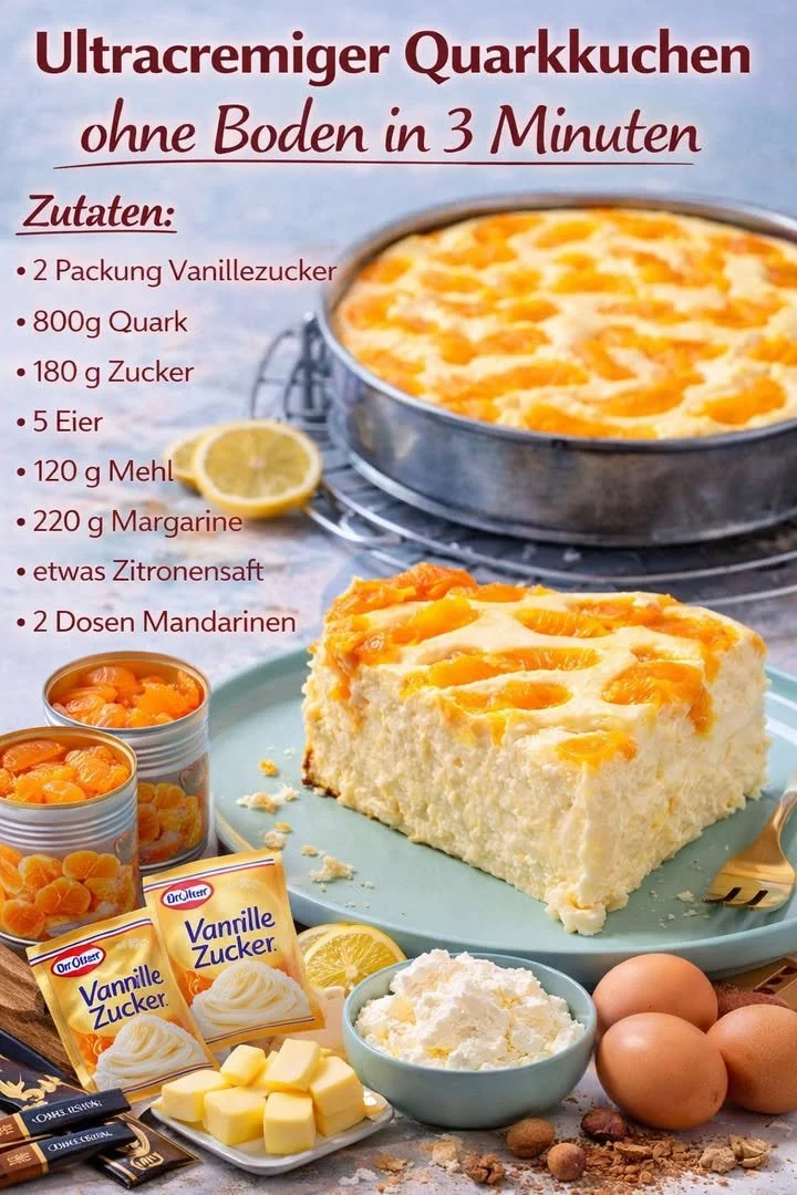 Quarkkuchen ohne Boden auf einem Teller, frisch gebacken und servierbereit.