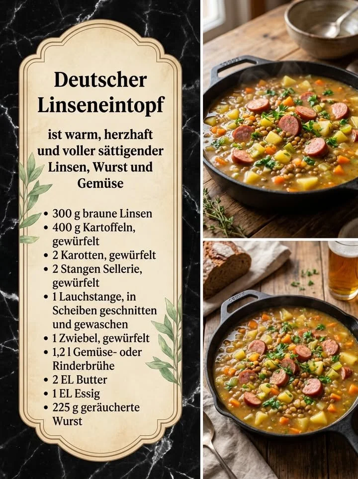 Schüssel mit leckerem deutschen Linseneintopf, voll mit gesunden Zutaten