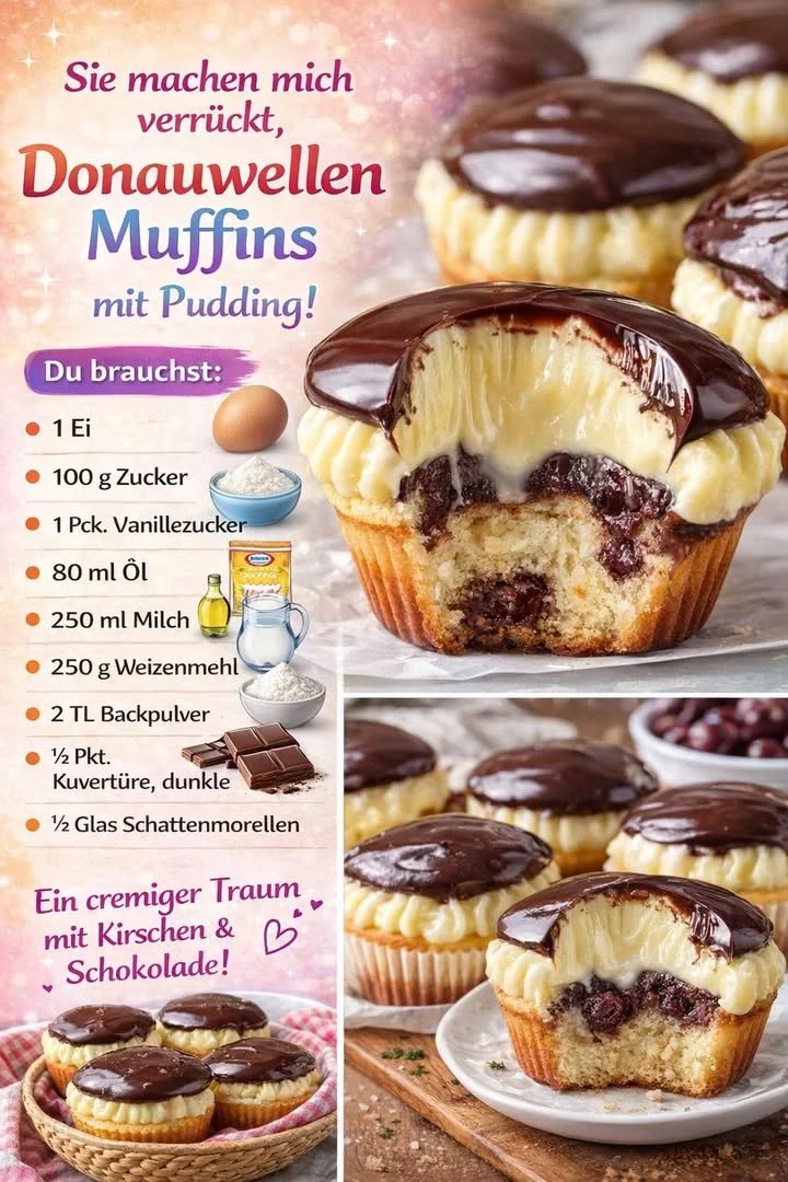 Donauwellen Muffins mit Pudding in einem ansprechenden Backblech