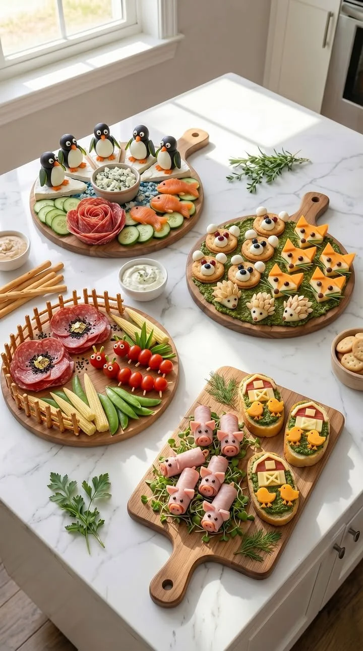 Bauernhof Snacks mit Pinguinen, Füchsen und Mini-Scheunen für kreative Leckereien.