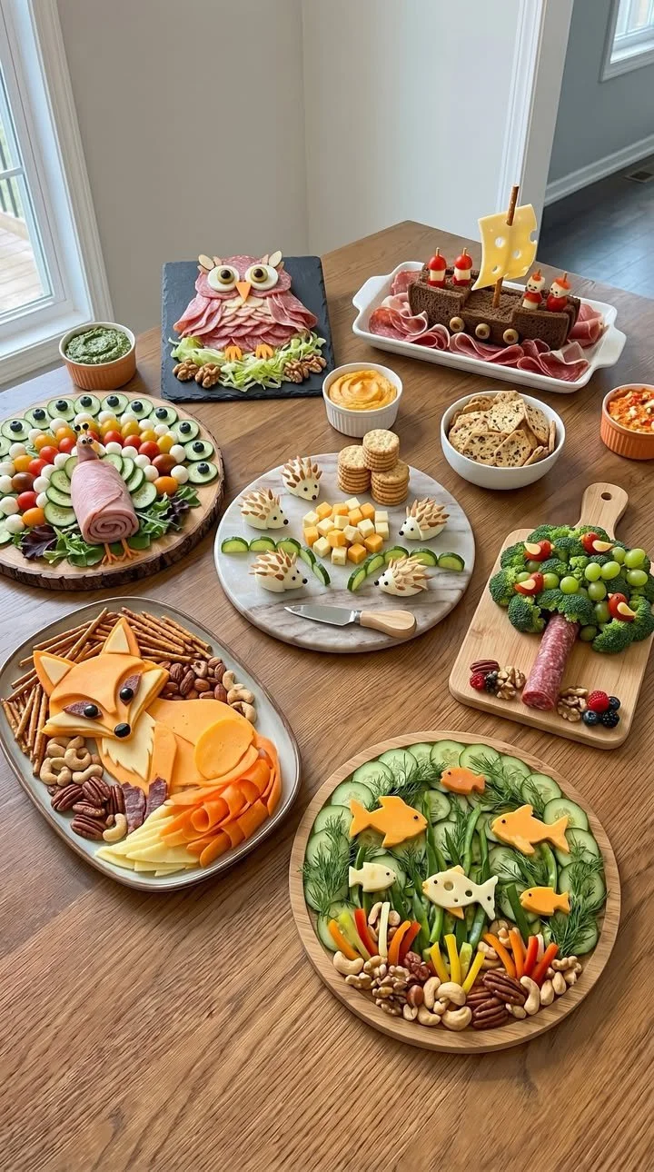 Bunte Fantastische Snacks: Käsefüchse und Gemüsefische auf einem Tisch.