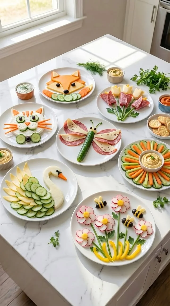 Ein Tisch voller frischer, bunter Frühlingsgeschichten aus Gemüse und Häppchen.