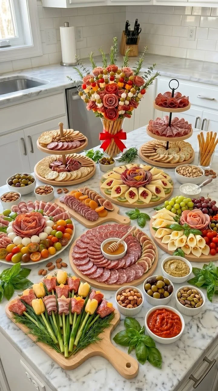 Mediterraner Genusskunst Tisch mit Salamirosen, Käsefächer, Antipasti und frischen Kräutern.