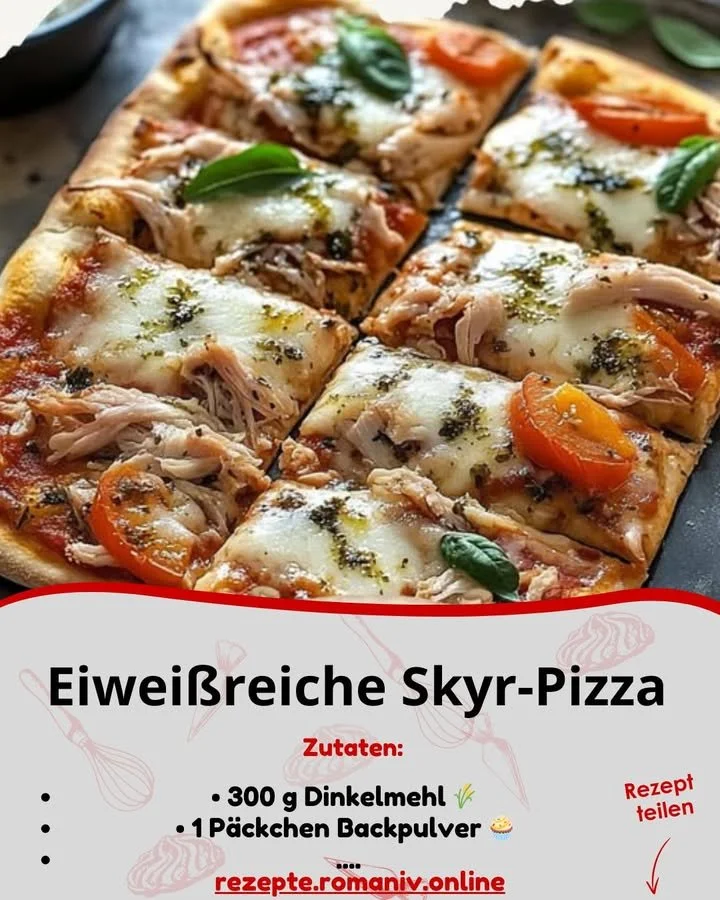 Eiweißreiche Skyr-Pizza auf einem Holzbrett serviert