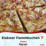 Delikater Elsäßer Flammkuchen mit frischen Zutaten auf einem knusprigen Boden.