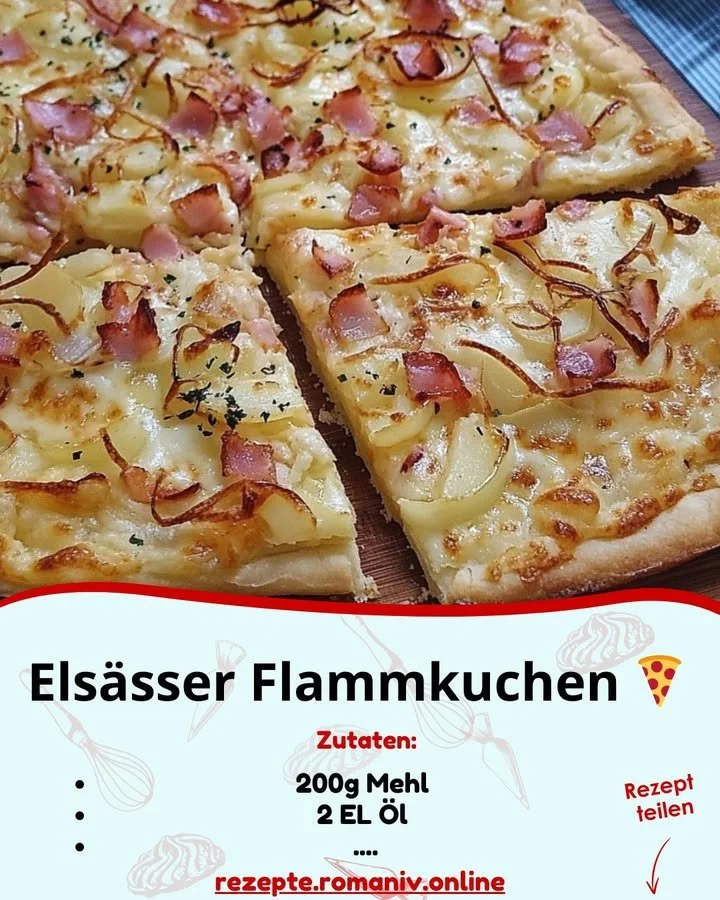 Delikater Elsäßer Flammkuchen mit frischen Zutaten auf einem knusprigen Boden.