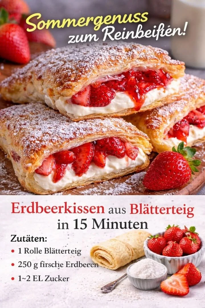 Erdbeer-Cheesecake-Taschen mit frischen Erdbeeren und cremiger Käsefüllung