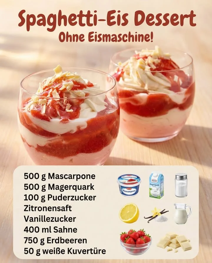 Leckeres Erdbeer-Mascarpone-Dessert mit frischen Erdbeeren und cremiger Mascarpone.