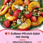 Erdbeer-Pfirsich-Salat mit Honig auf einem Teller, frisch und verlockend.