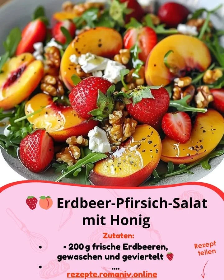 Erdbeer-Pfirsich-Salat mit Honig auf einem Teller, frisch und verlockend.