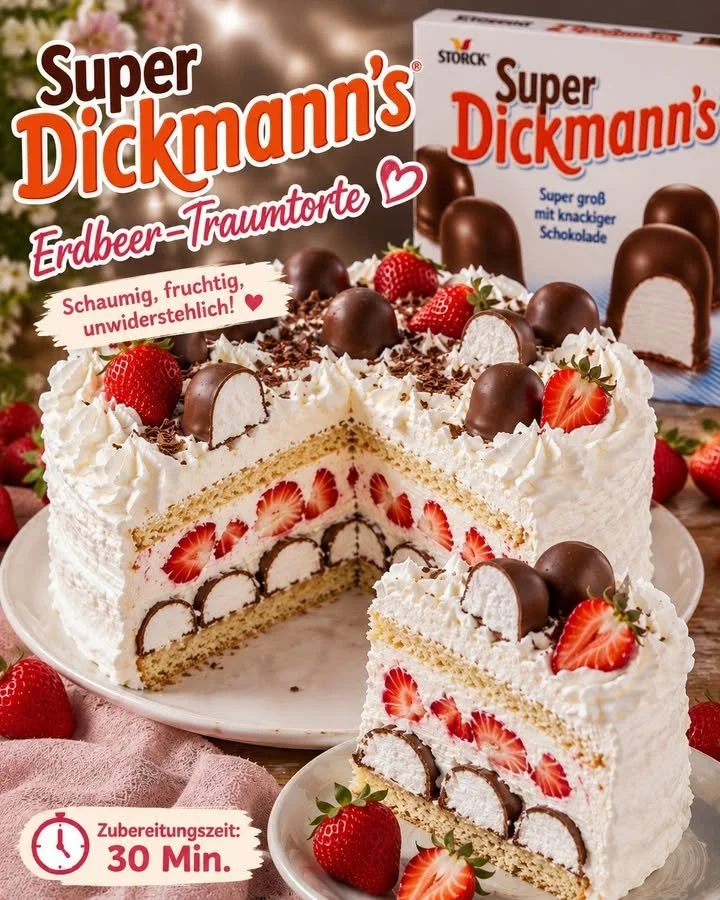 Erdbeerkuchen mit Sahne und Super Dickmann's dekoriert