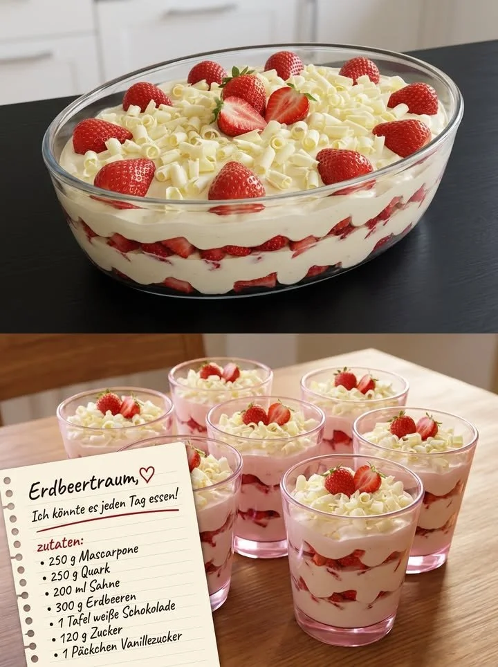 Erdbeertraum Dessert mit frischen Erdbeeren und Sahne