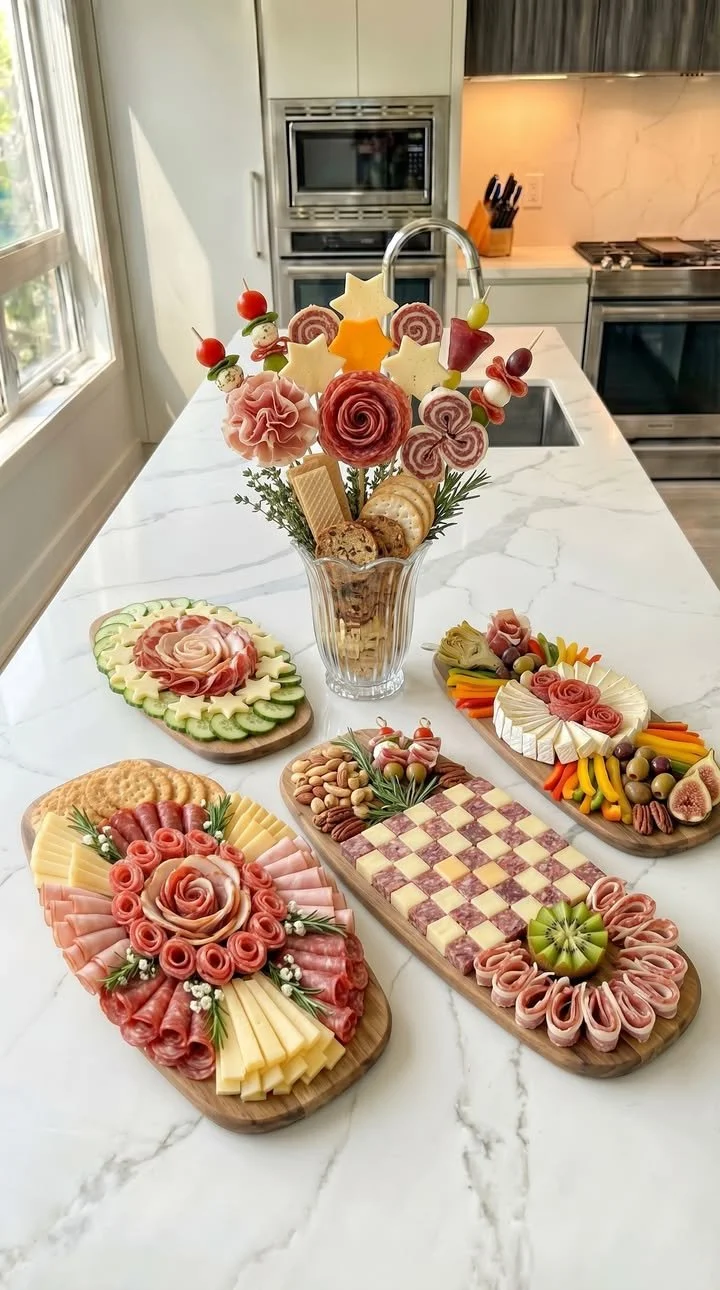 Festliches Charcuterie-Brett mit verschiedenen Käse- und Wurstsorten.
