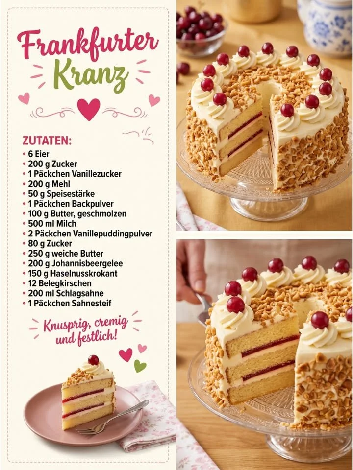 Traditioneller Frankfurter Kranz mit Karamell, Nüssen und Sahne verziert.