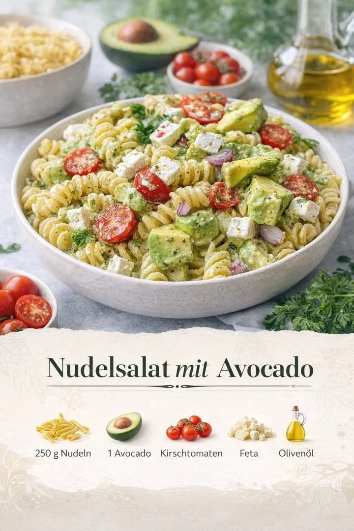 Frischer Nudelsalat mit Avocado, lecker und gesund, ideal für jeden Anlass.