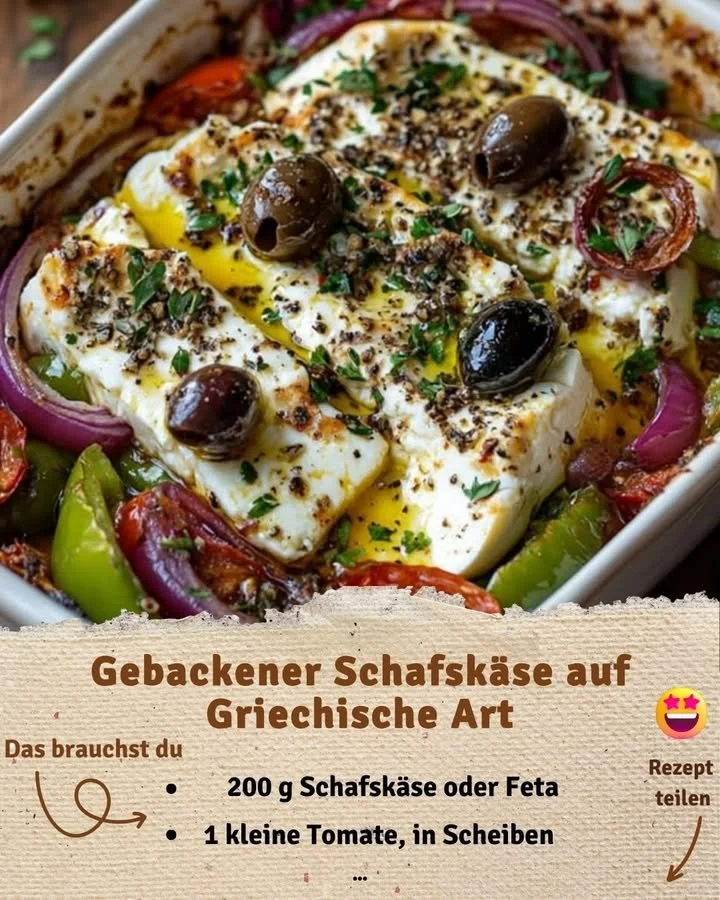 Gebackener Schafskäse auf griechische Art, serviert mit frischen Kräutern und Olivenöl.