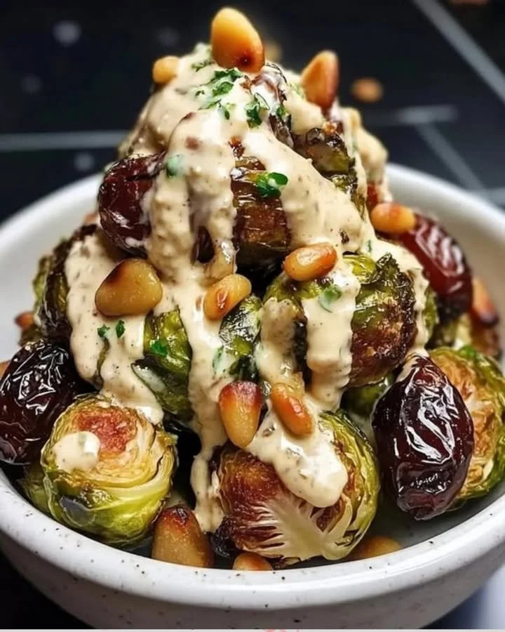 Gerösteter Rosenkohl mit Datteln, Pinienkernen und Tahini-Dressing auf einem Teller