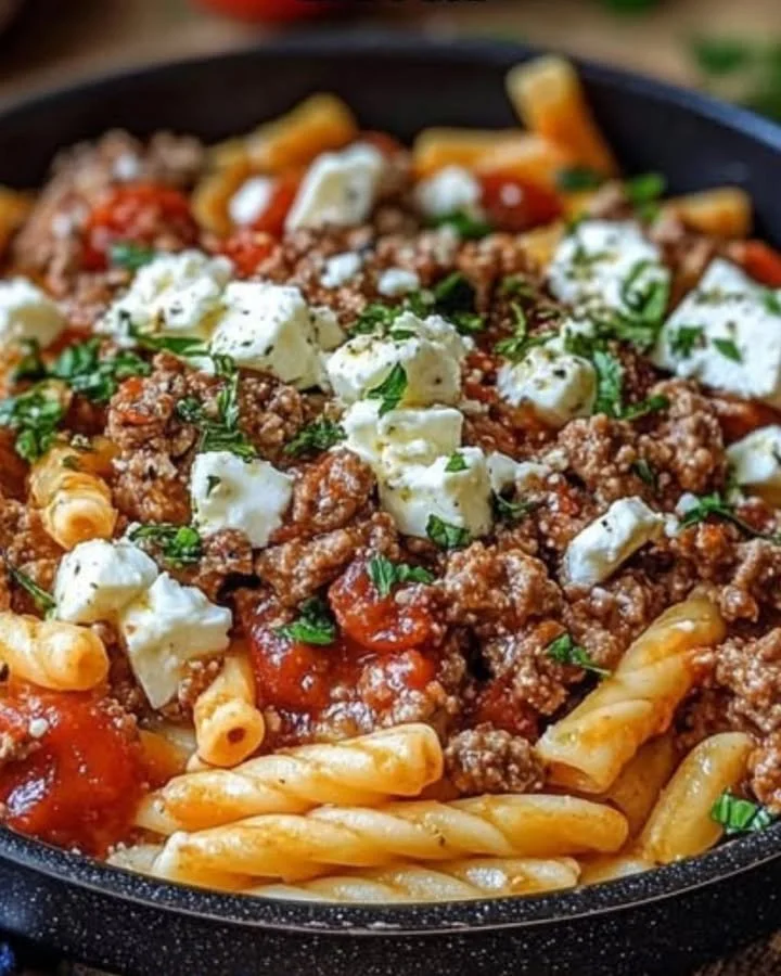 Griechische Nudelpfanne mit Hackfleisch und Feta, ein köstliches Gericht.