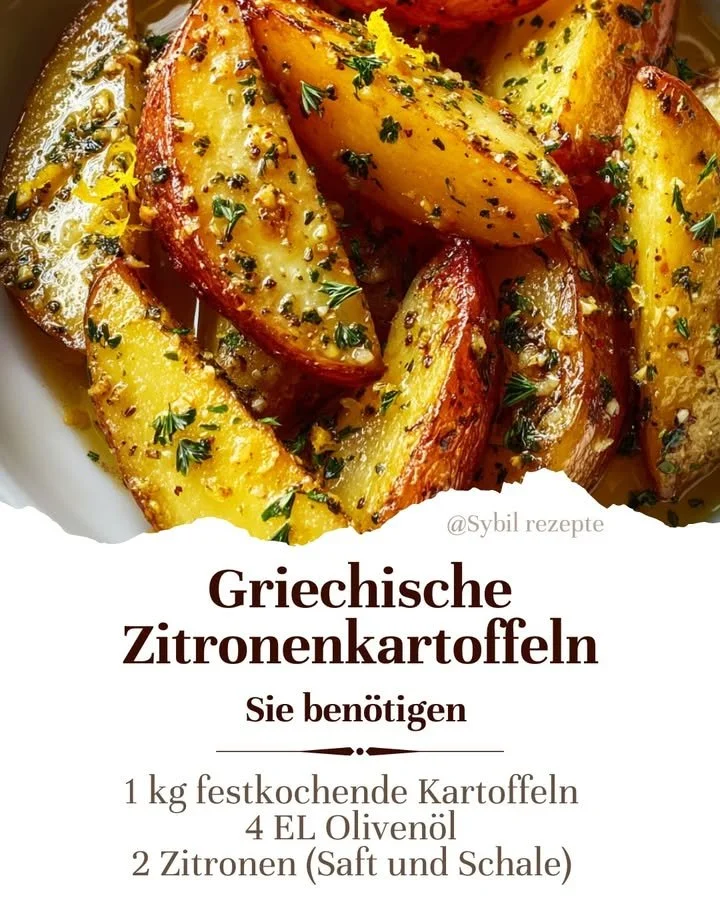Griechische Zitronenkartoffeln mit frischen Kräutern und Zitronensaft zubereitet.