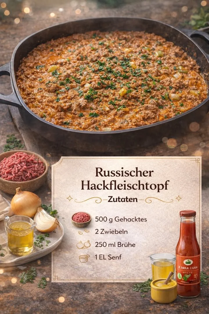 Hackfleisch-Lauch-Pfanne mit saurer Sahne in einer Pfanne serviert