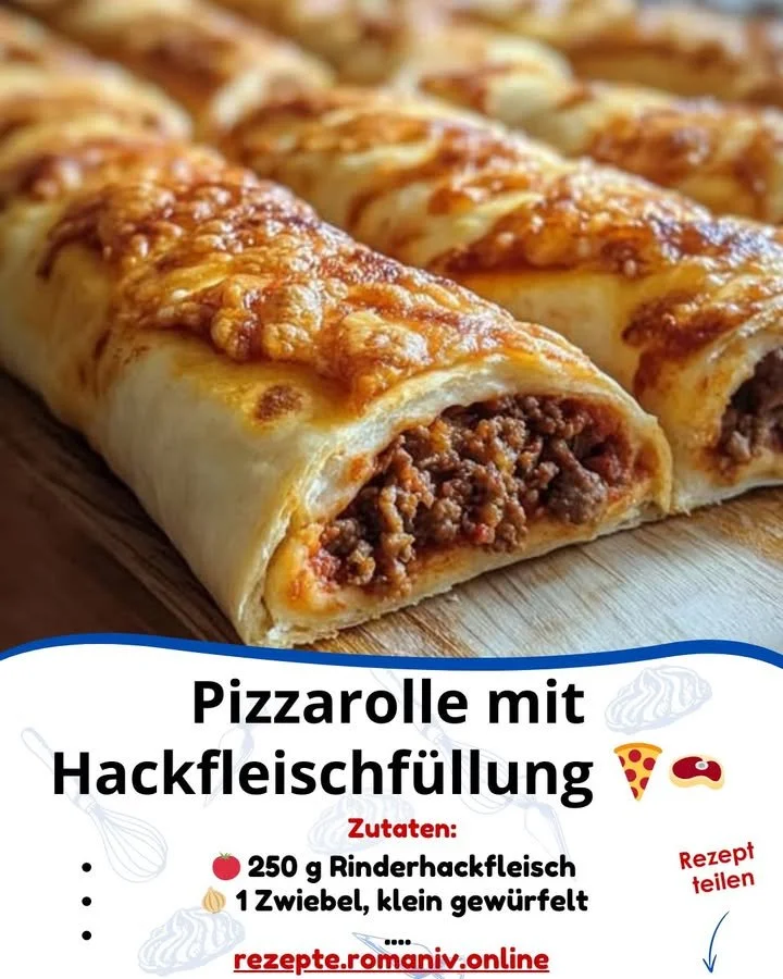 Hackfleisch-Pizzarolle im Teig auf einem Teller serviert