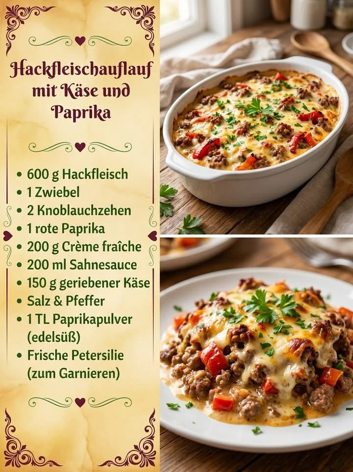 Hackfleischauflauf mit Käse und Paprika auf einem Teller serviert