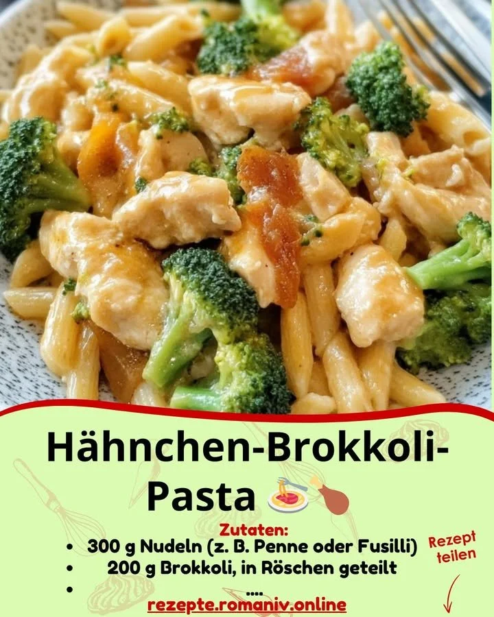 Hähnchen-Brokkoli-Pasta mit frischem Gemüse und Pasta auf einem Teller.