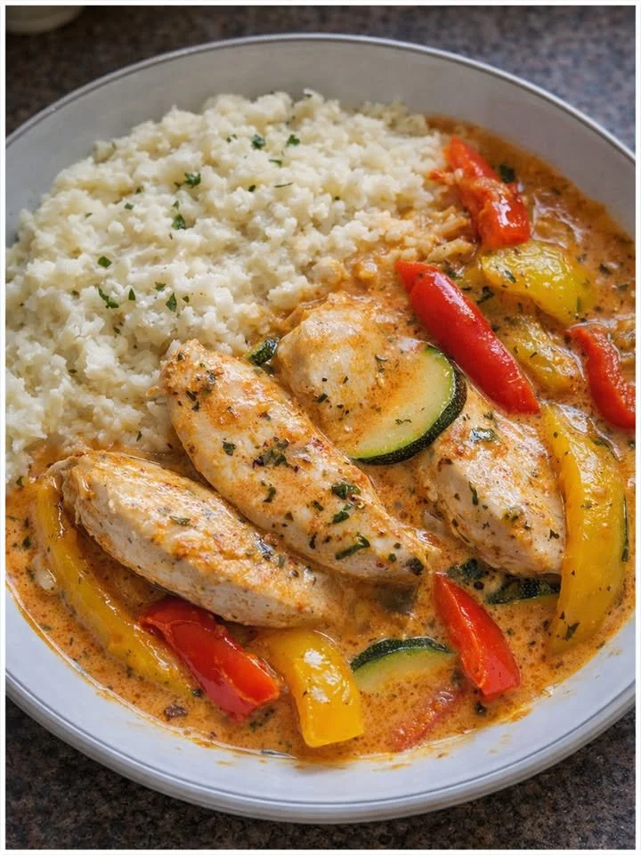 Hähnchen in cremiger Paprika-Zucchini-Sauce mit Blumenkohlreis
