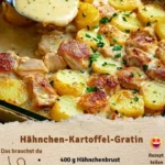 Leckeres Hähnchen-Kartoffel-Gratin aus dem Ofen mit verschiedenen Kräutern garniert.