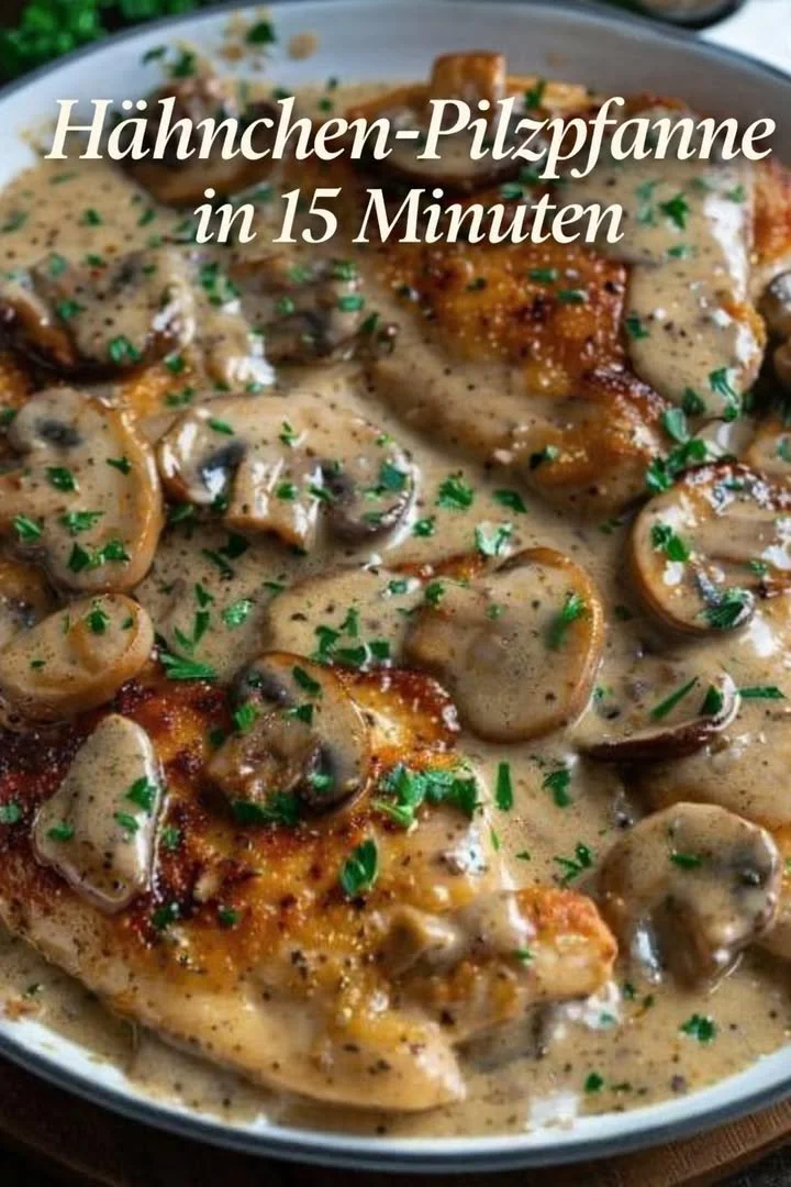 Hähnchen mit Champignons auf einem Teller, serviert mit frischen Kräutern
